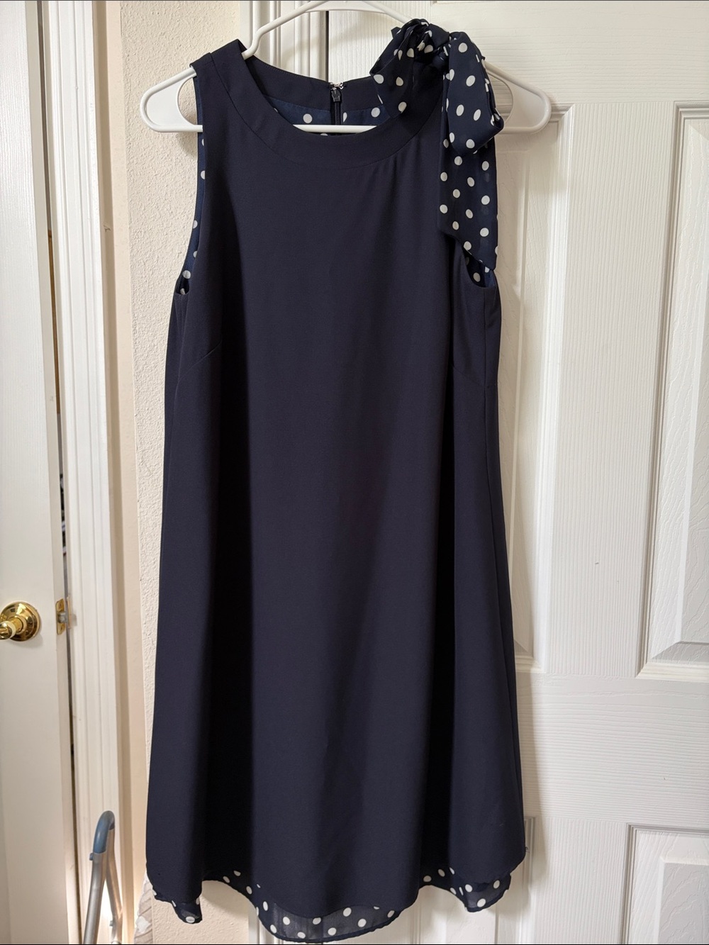 Sleeveless Navy Polka Dot Trim Formal A-Line Dress